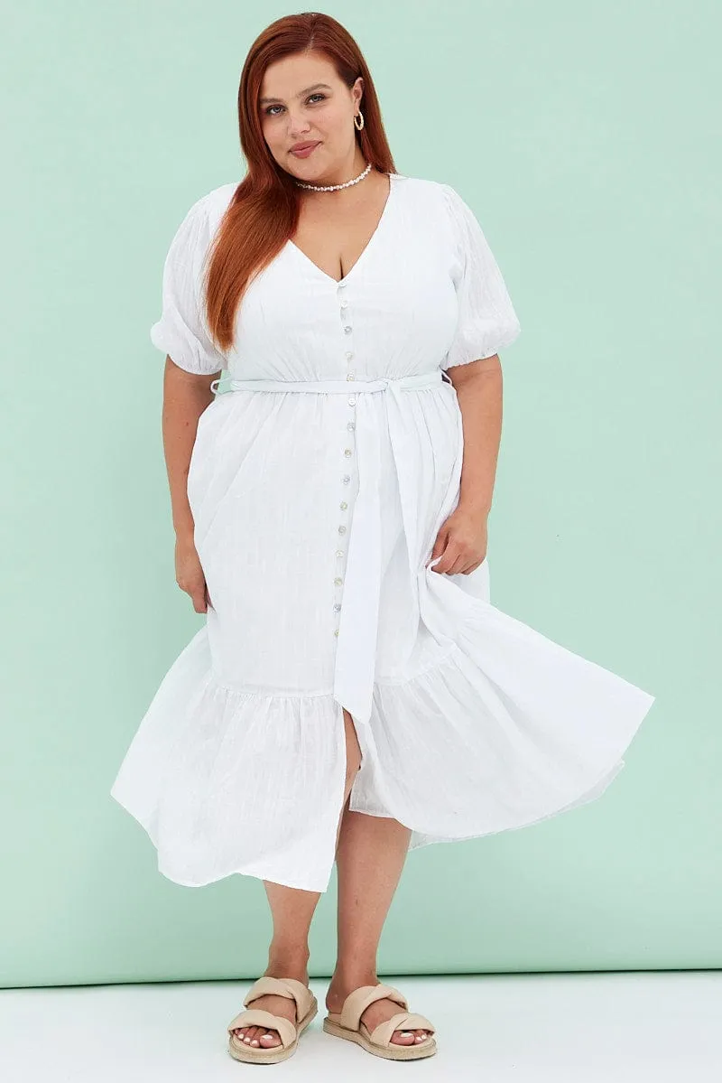 White Short Sleeve Textured Button Midi Dress Artistic Vibe british retro