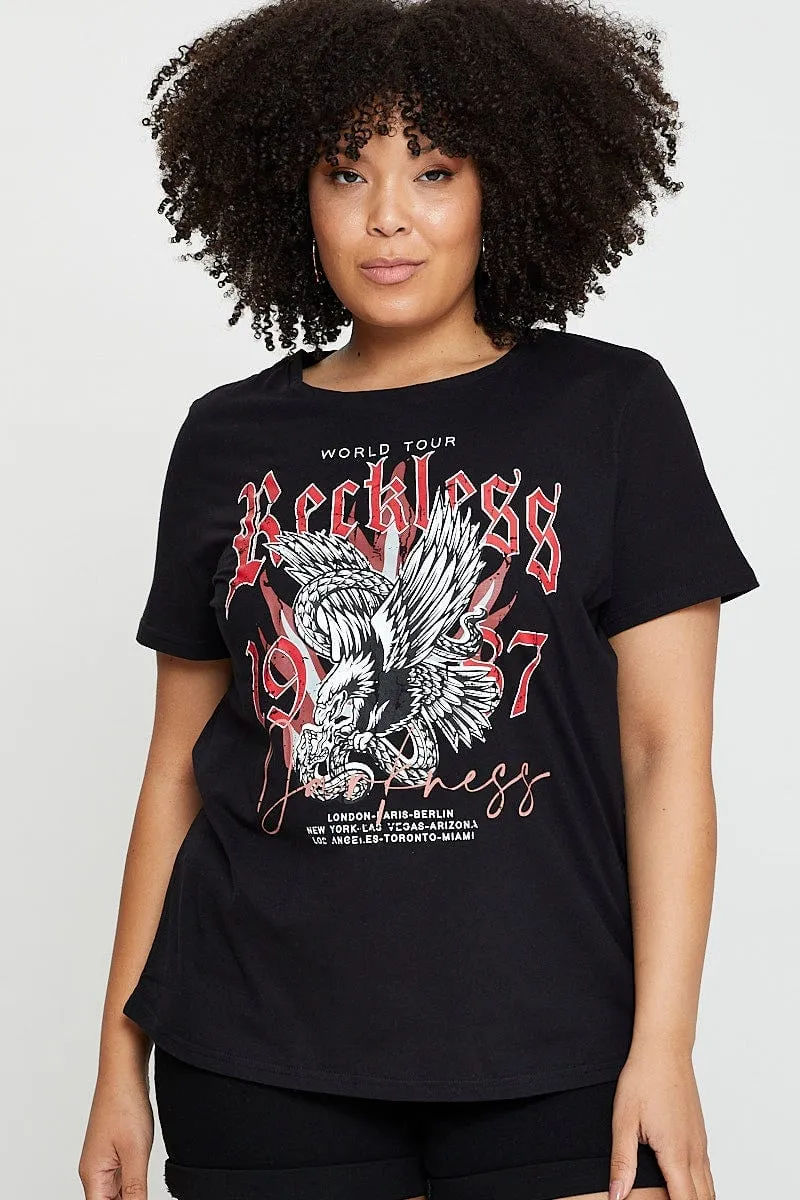 Plus size clothing Active Trend Look Black Graphic T-shirt Eagle Rock Crew Neck Short Sleeve