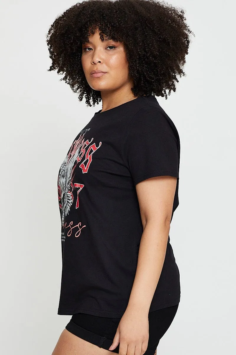 Black Graphic T-shirt Eagle Rock Crew Neck Short Sleeve Comfortable Wear Tubular Knit Structure