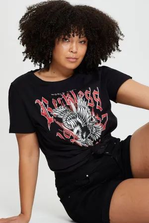 Black Graphic T-shirt Eagle Rock Crew Neck Short Sleeve Autumn coziness