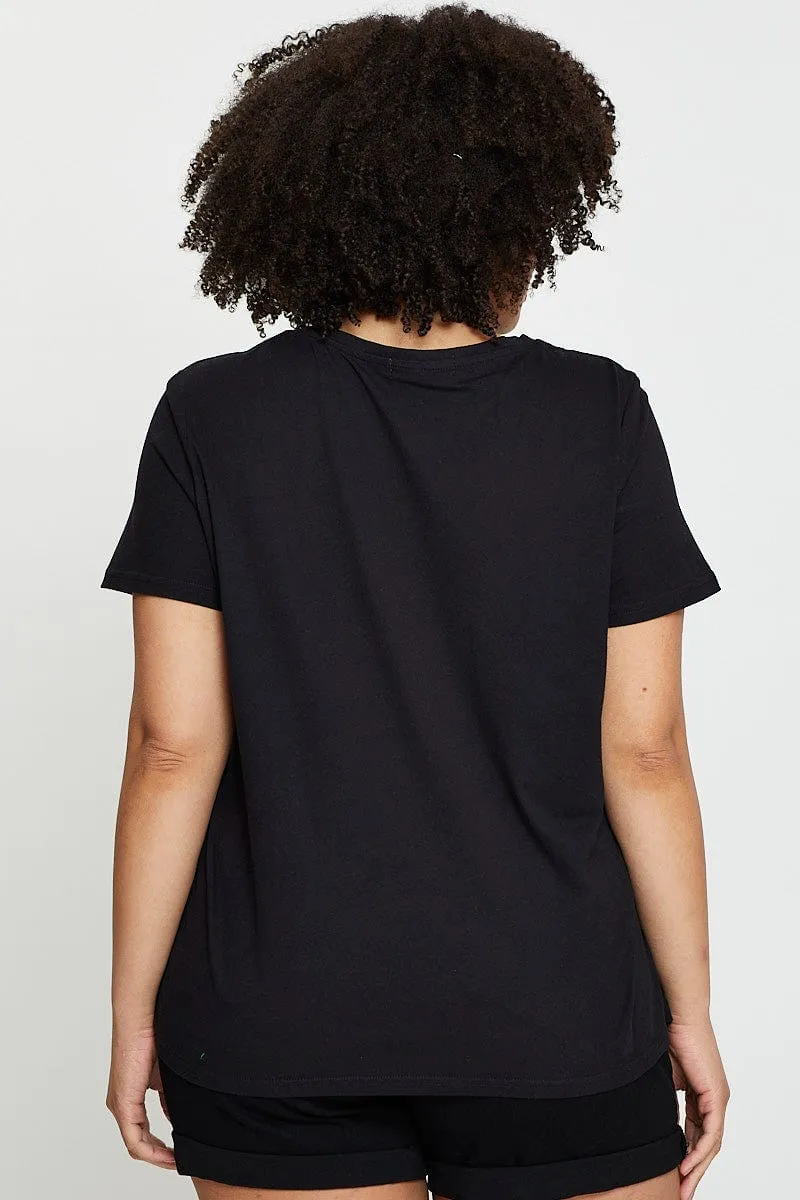 Black Graphic T-shirt Eagle Rock Crew Neck Short Sleeve Active Style