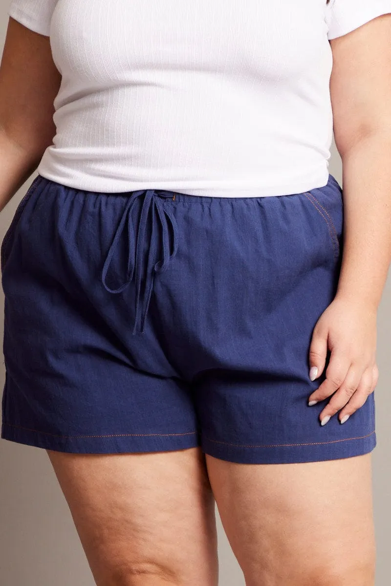 Athletic Apparel Blue Contrast Stitch Drawstring Cotton Shorts