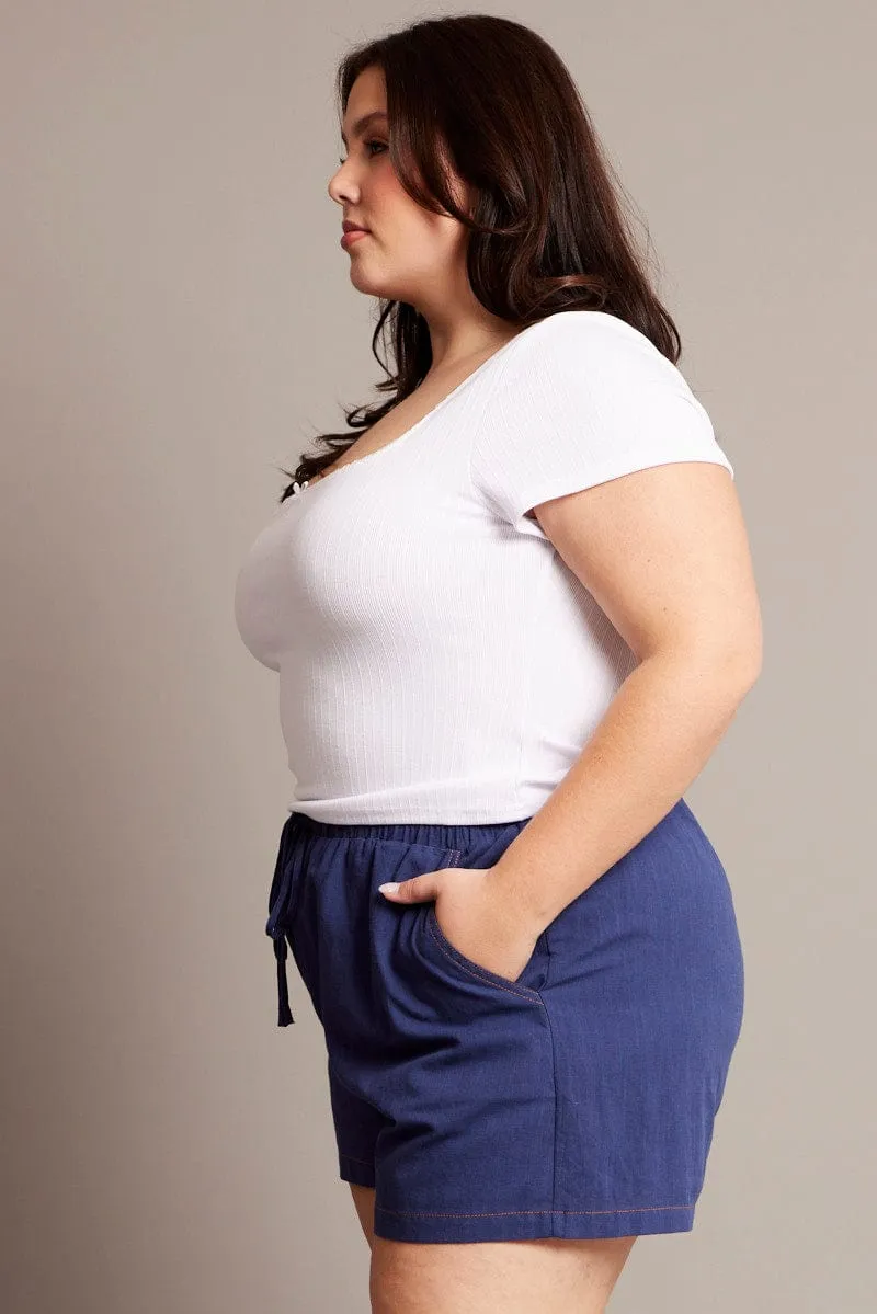 Office Attire Blue Contrast Stitch Drawstring Cotton Shorts