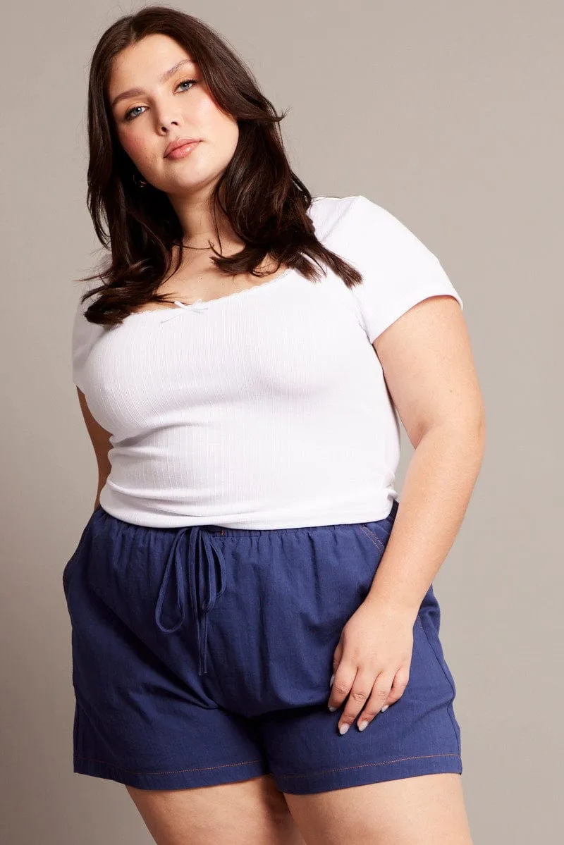 Energy Mood Regular Fit Blue Contrast Stitch Drawstring Cotton Shorts
