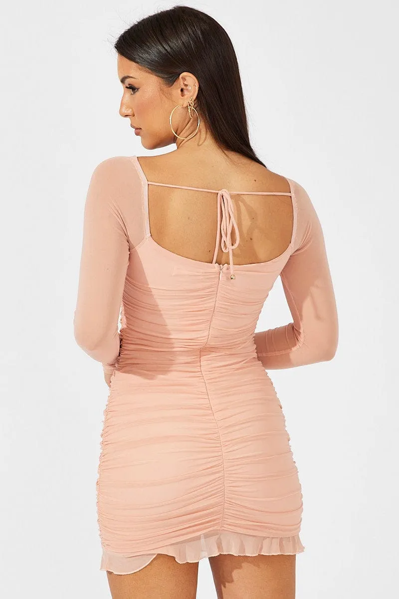 Pink Bodycon Dress Ruched Mesh Wardrobe Essential