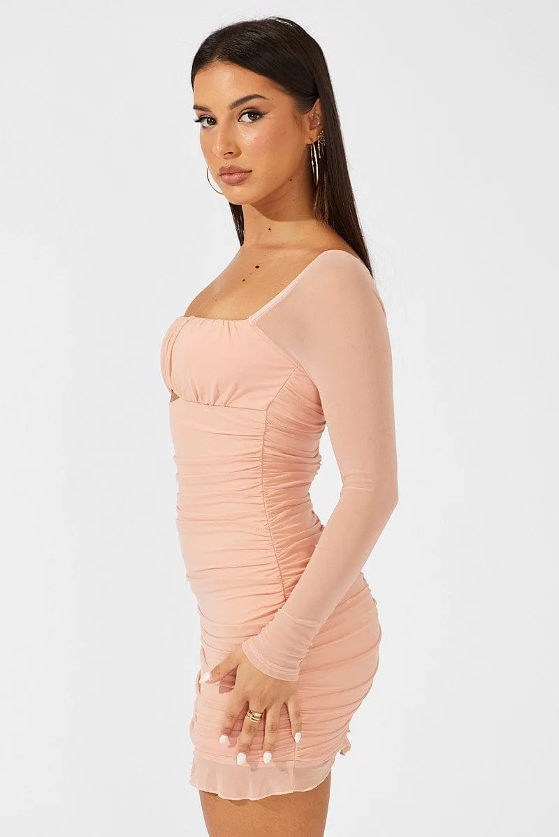 Pink Bodycon Dress Ruched Mesh Trans Glow One-Piece Wear