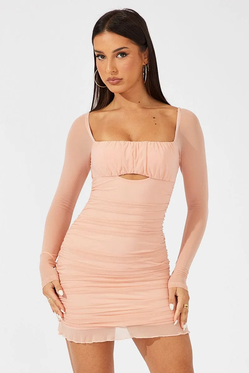 Pink Bodycon Dress Ruched Mesh Cultural Fit DoubleLayered