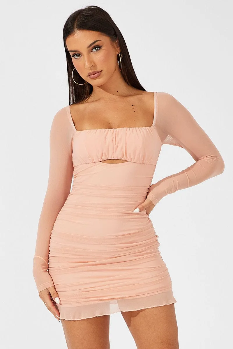 Free Fit Craft Soul Pink Bodycon Dress Ruched Mesh