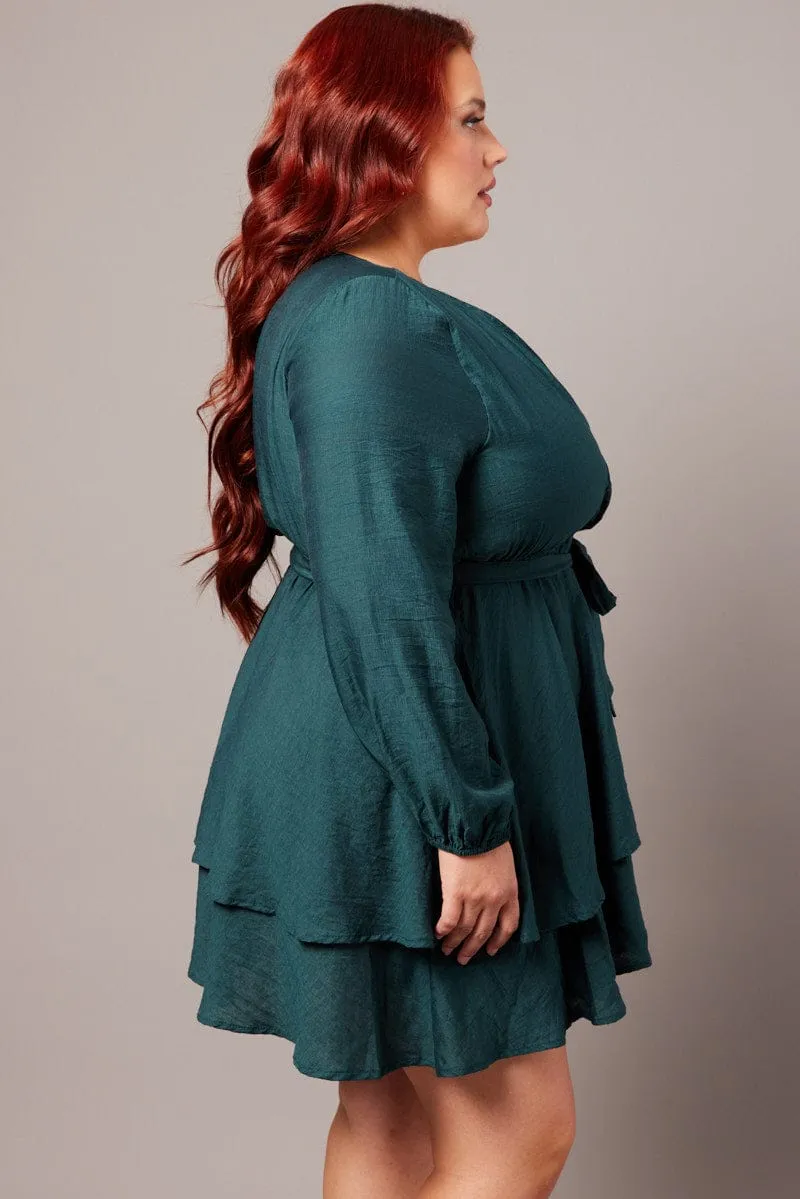 Green Tiered Cross Front Mini Dress Casual Day Out