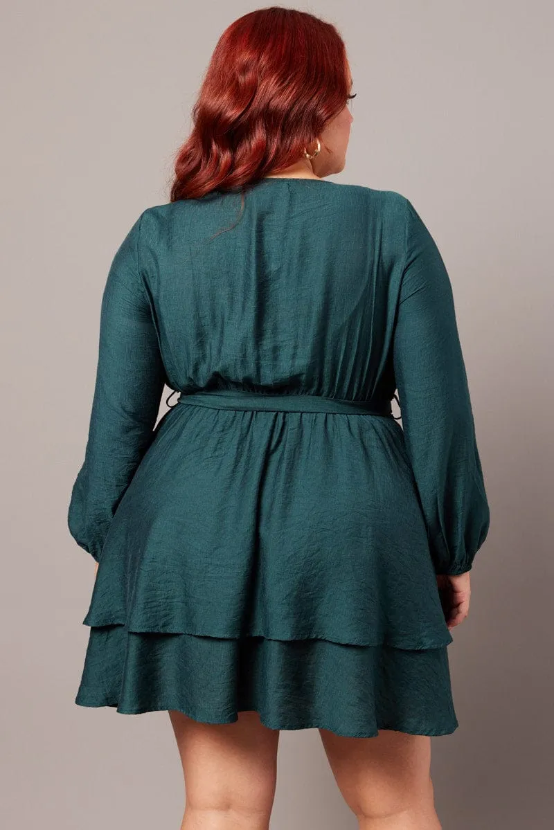 Lightweight and airy mini Stylish mini with ruffles Green Tiered Cross Front Mini Dress