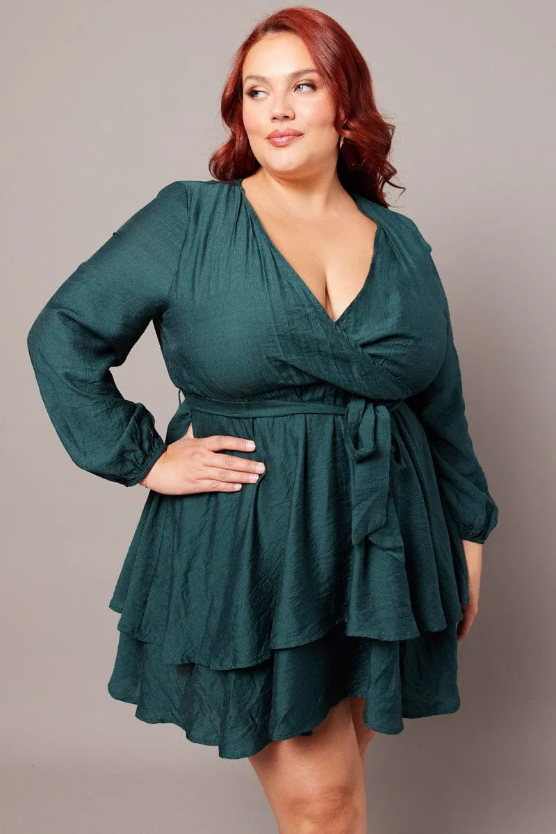Green Tiered Cross Front Mini Dress Flexible Edge Binding