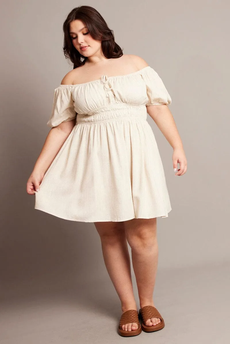 Youthful Style Relaxed-fit day mini Beige Tie Front Scoop Neck Mini Dress