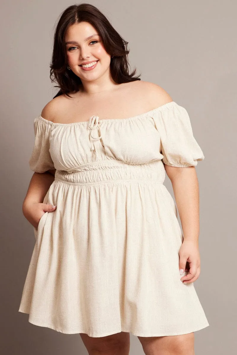 Non Restrictive Cut Beige Tie Front Scoop Neck Mini Dress