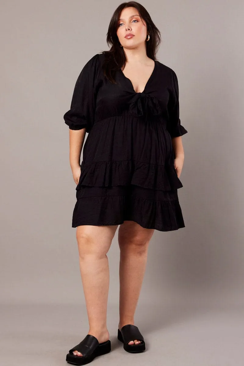 Black 3/4 Sleeve Tie Frill Mini Dress Weekend Style