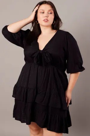 Black 3/4 Sleeve Tie Frill Mini Dress Self Spice Night Glow
