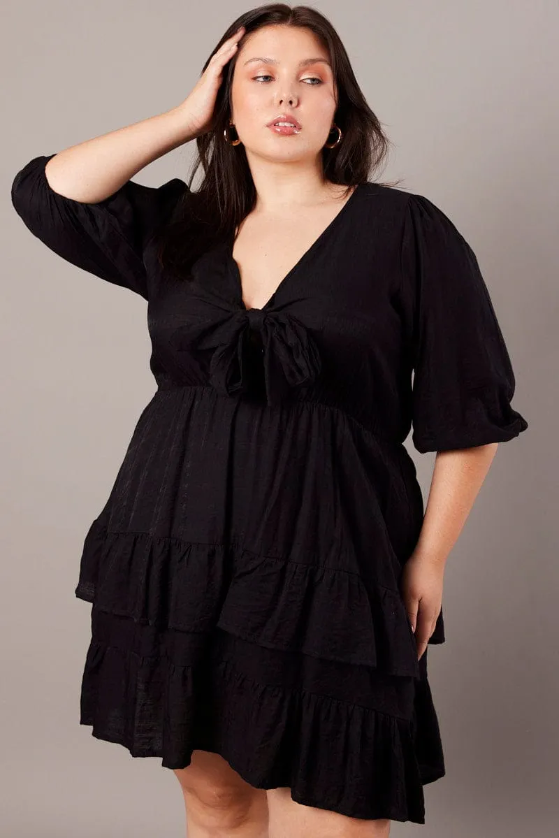 Black 3/4 Sleeve Tie Frill Mini Dress Self Spice Night Glow
