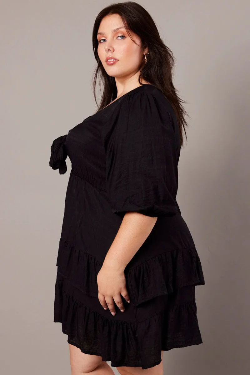 Glow Warm Black 3/4 Sleeve Tie Frill Mini Dress