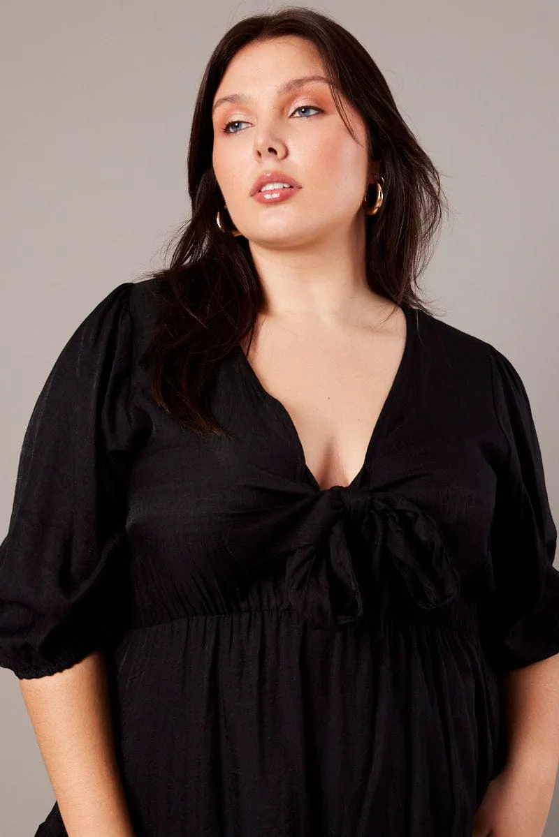 Bold Silhouette Black 3/4 Sleeve Tie Frill Mini Dress