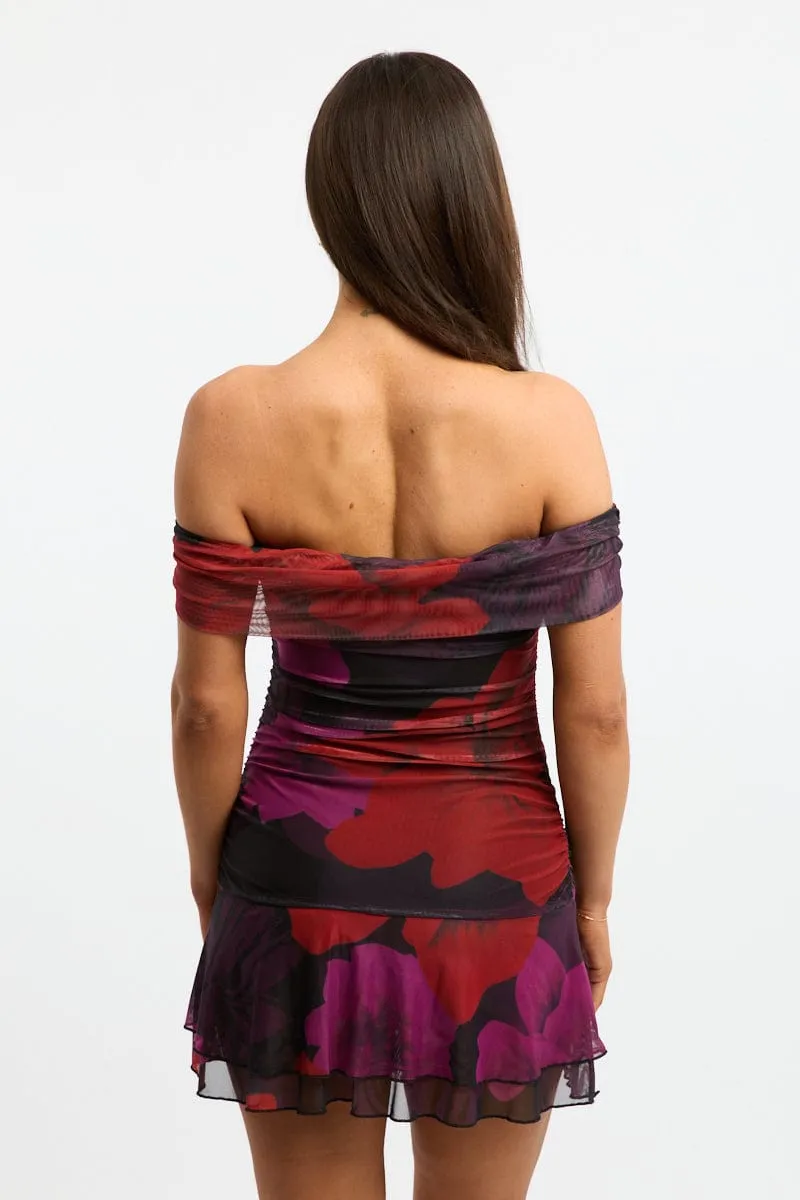 Black Floral Off Shoulder Dress Mini Vibrant Wear