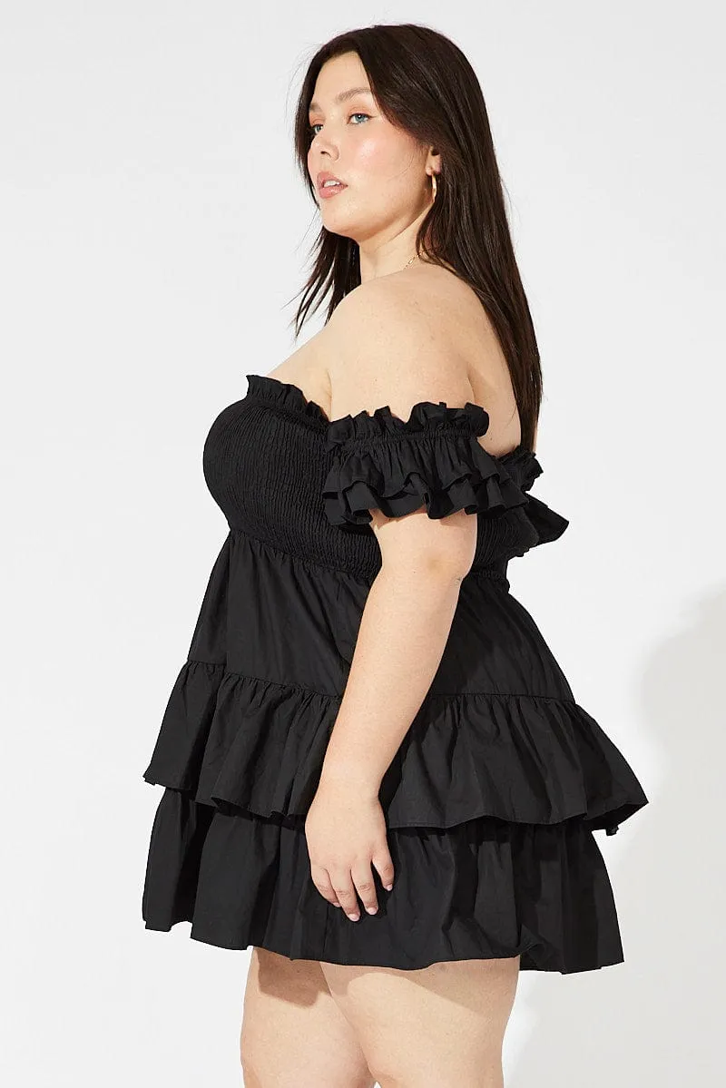 Black Mini Dress Off Shoulder Cotton Frilled Eco Friendly Material