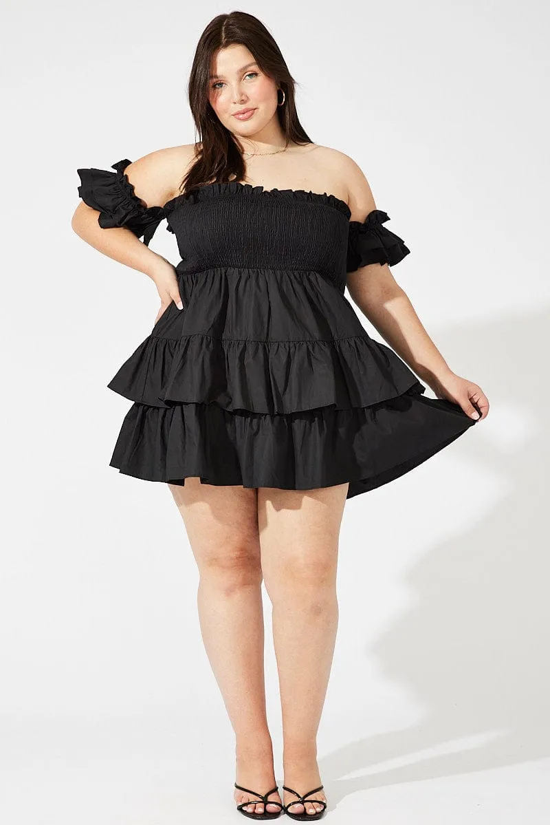 Boho Chic Look Black Mini Dress Off Shoulder Cotton Frilled
