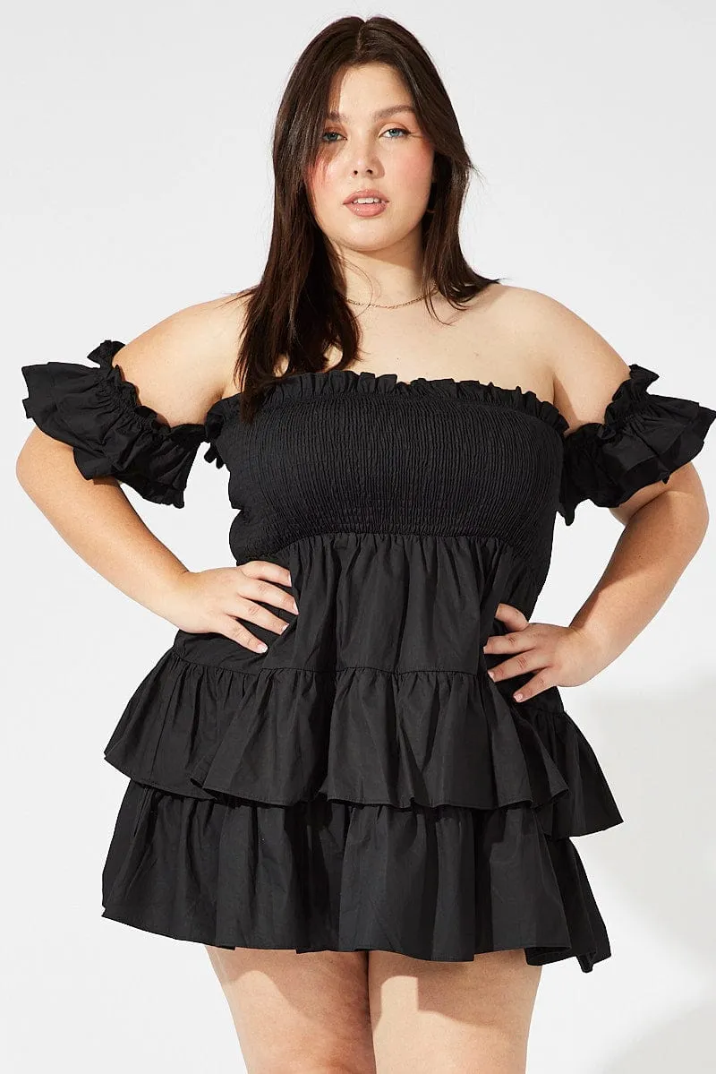 Black Mini Dress Off Shoulder Cotton Frilled Fun Edge City Babe