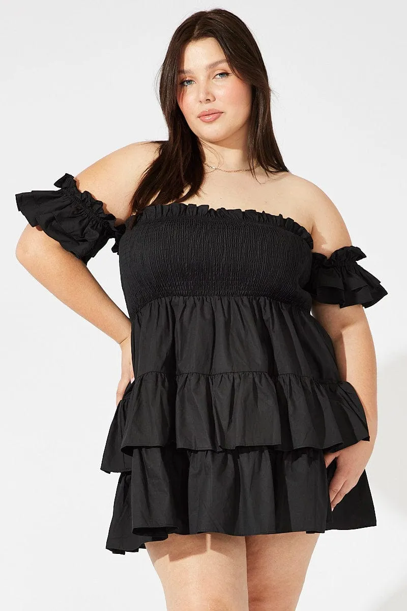 Moisture wicking Stage Warm Black Mini Dress Off Shoulder Cotton Frilled