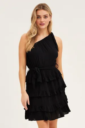 Black Mini Dress One Shoulder Sleeveless Leg Show Glow Star