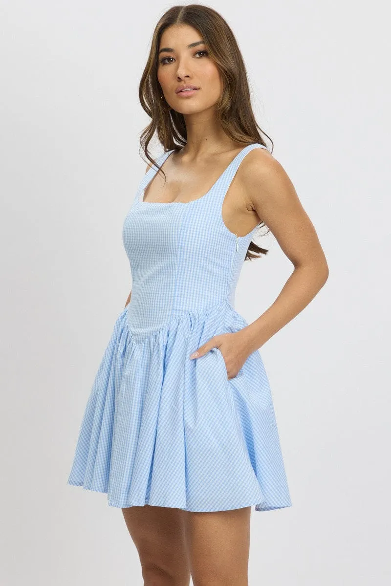 Youthful Vibe Street Style Blue Check Fit And Flare Dress Mini