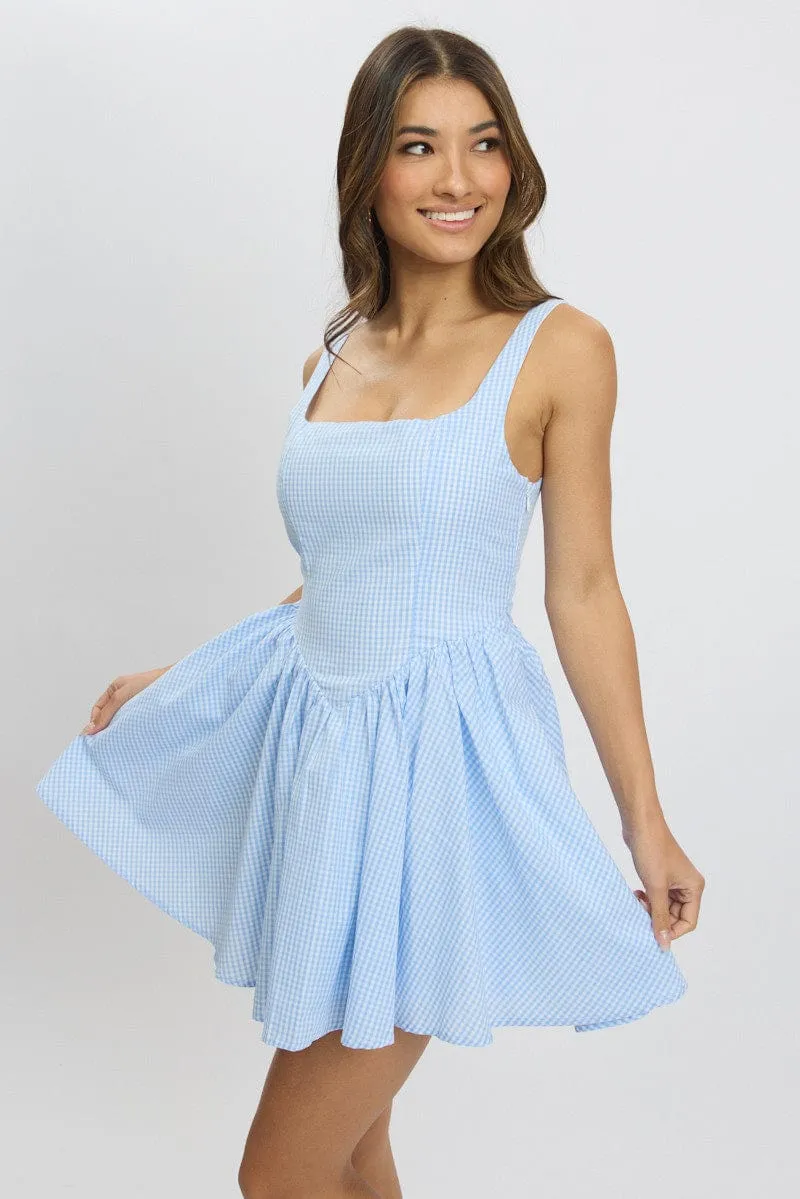 Blue Check Fit And Flare Dress Mini Street Chic
