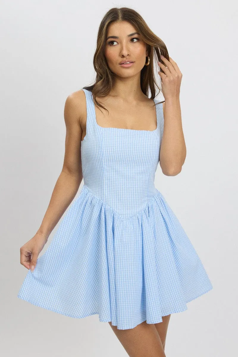 Blue Check Fit And Flare Dress Mini High Thread Count Cotton Pop Star