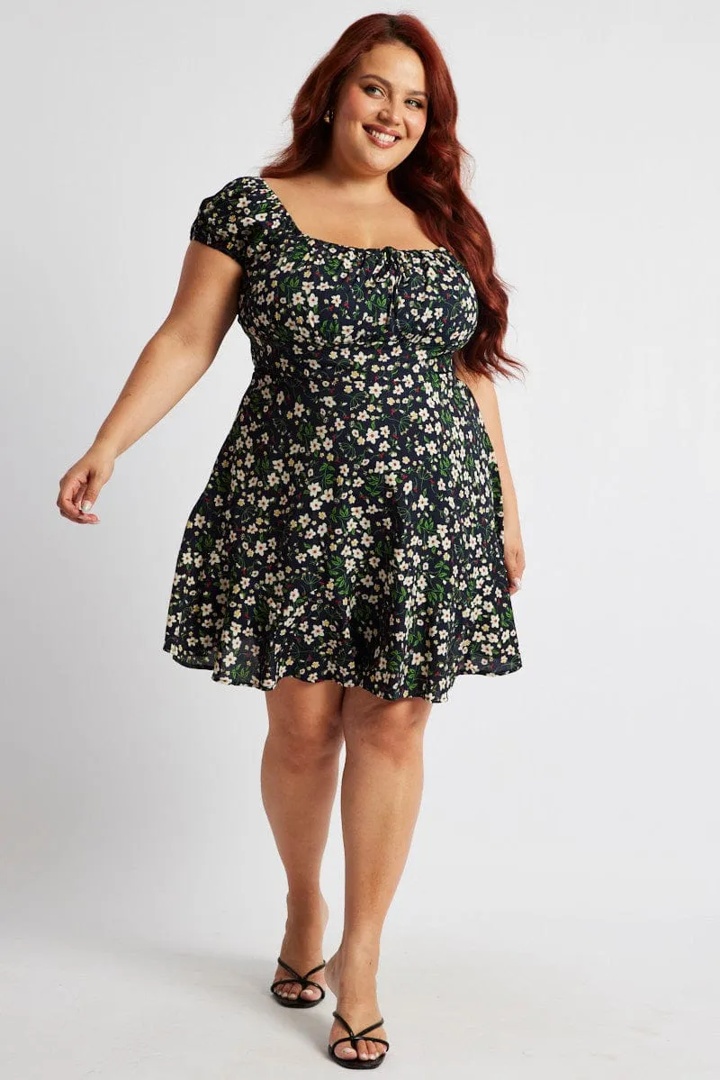 Blue Ditsy Gather Front Tie Mini Dress Tall Cut Gathered Waist Technique