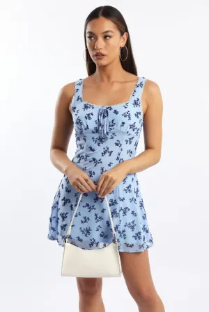 Blue Ditsy Mini Dress Gathered Bust Fresh Edge