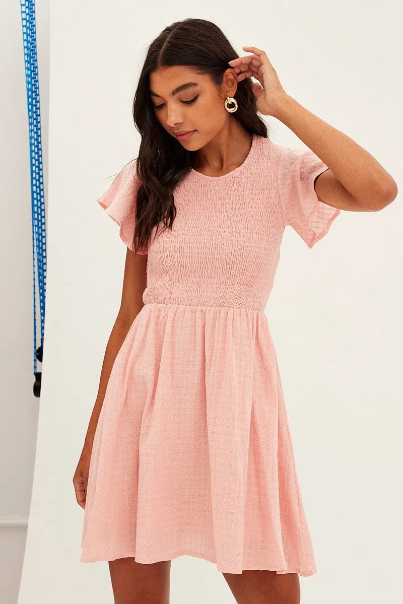 Hidden Pocket Design Night Out Pink Shirred Skater Mini Dress