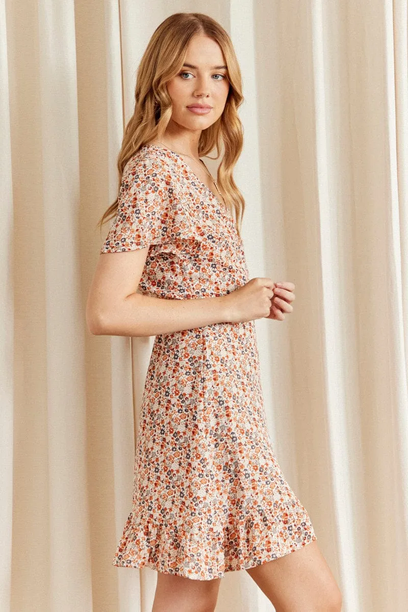 Lightweight Weave Romantic mini dress Print Mini Dress Short Sleeve V Neck