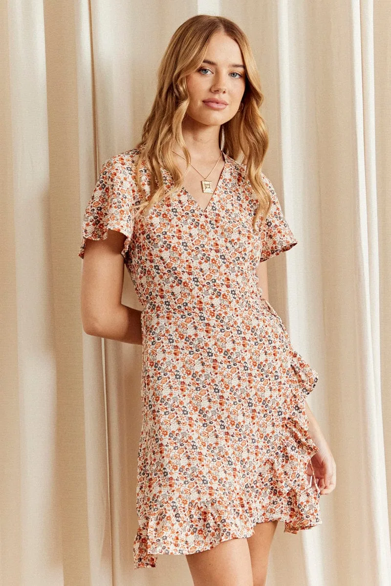 Print Mini Dress Short Sleeve V Neck Glow Star Bold Look