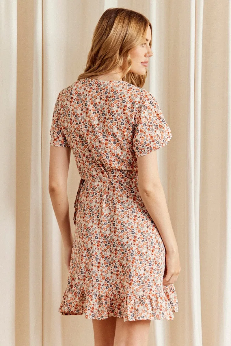 Print Mini Dress Short Sleeve V Neck Scene Rush