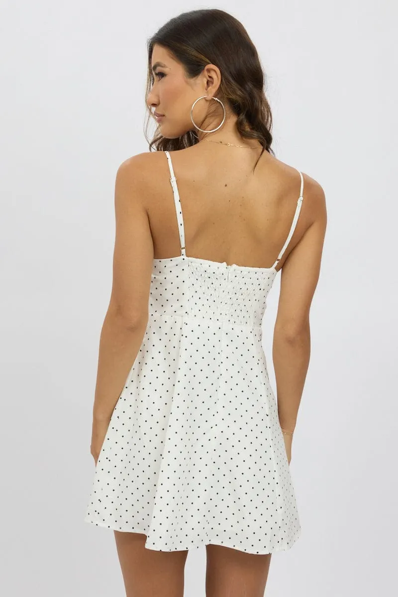 White Polka Dot Mini Dress Strappy Classic casual mini dress Smooth Elastic