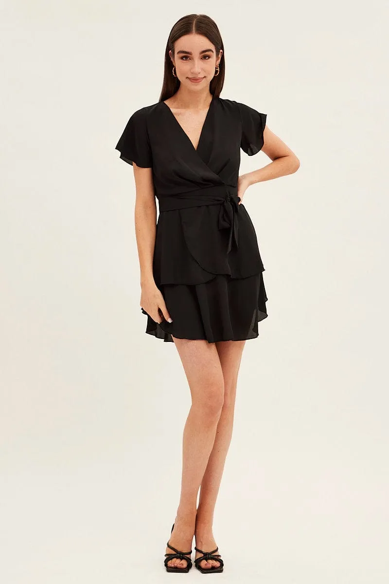 Black Short Sleeve Mini Skater Dress Day Off