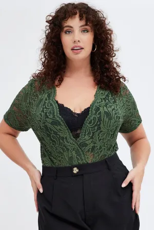 Green Lace Bodysuit Short Sleeve V-neck Adjustable Waistbands Glitter Fit