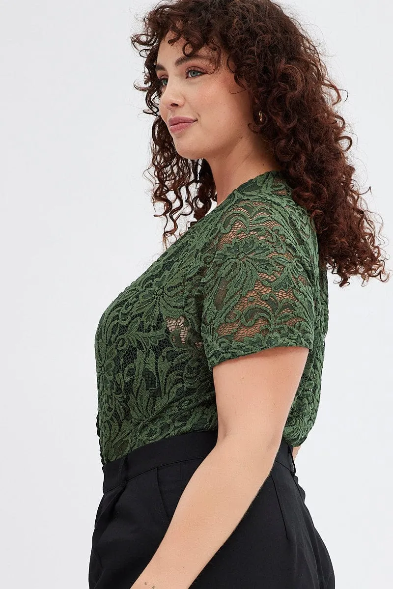 All-Occasion Campus Vibe Green Lace Bodysuit Short Sleeve V-neck