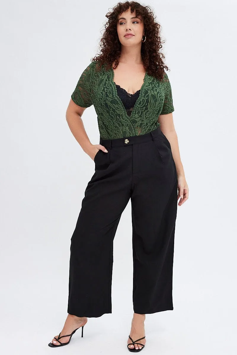 Green Lace Bodysuit Short Sleeve V-neck QuickDry Material HighNeckStyle