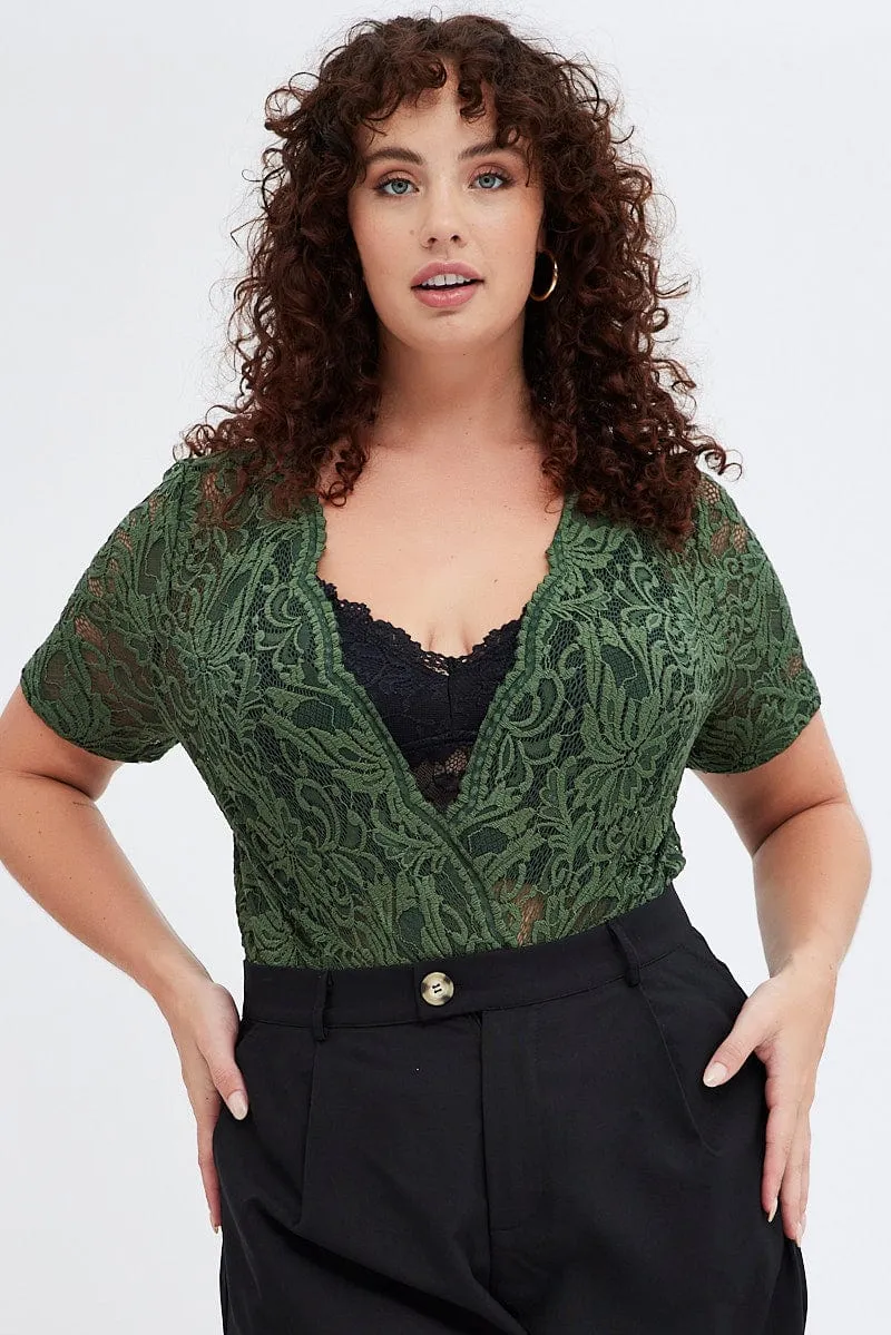 Green Lace Bodysuit Short Sleeve V-neck Adjustable Waistbands Glitter Fit