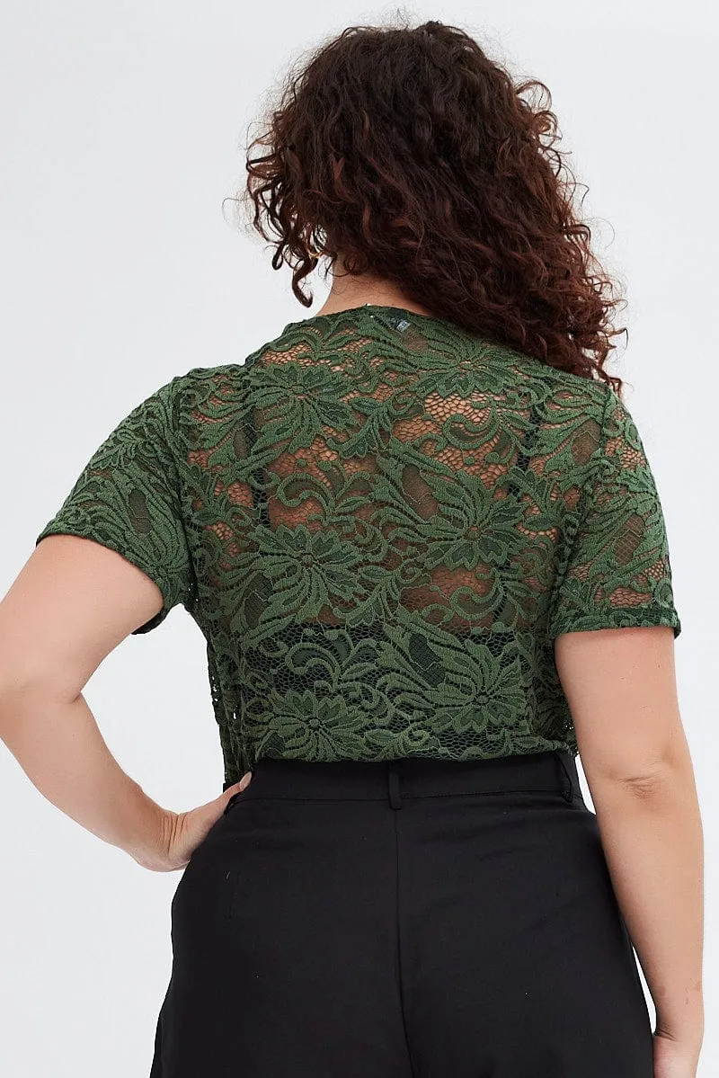 Green Lace Bodysuit Short Sleeve V-neck All-Day Fit