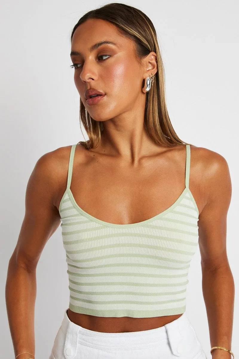Green Stripe Singlet Sleeveless Scoop Neck Seamless Garden Ease Effortless Design