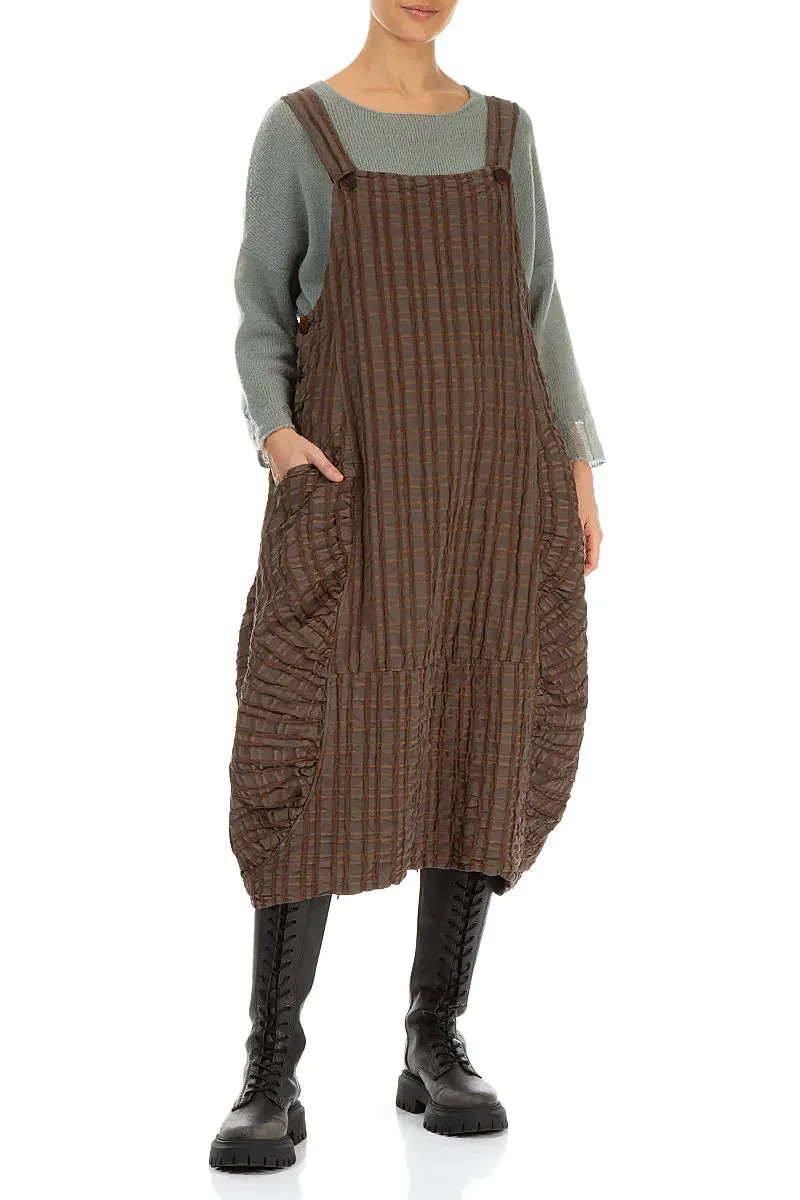 Breathable mesh lining Aged Copper Checkered Linen Cotton Pinafore Dress