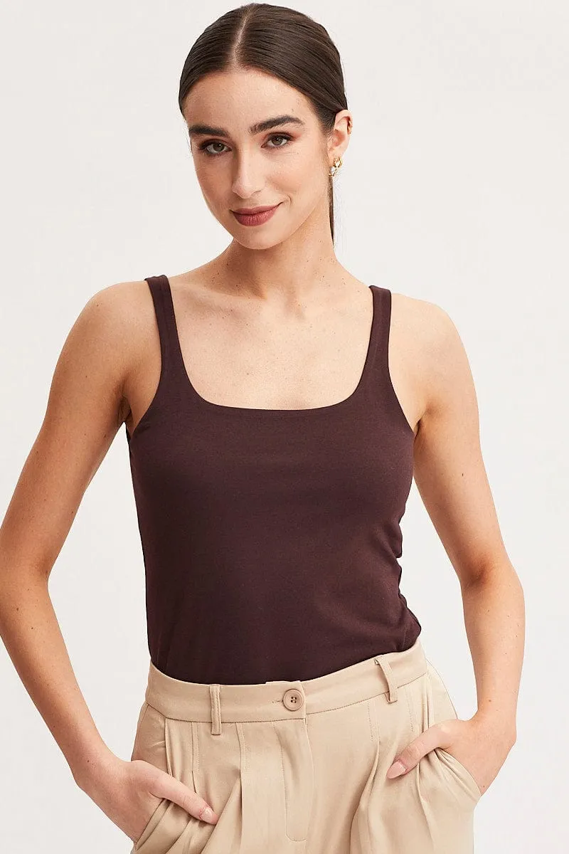 Easy Tunic Brown Tank Top Sleeveless Square Neck Cotton
