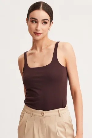 Effortless Style Brown Tank Top Sleeveless Square Neck Cotton