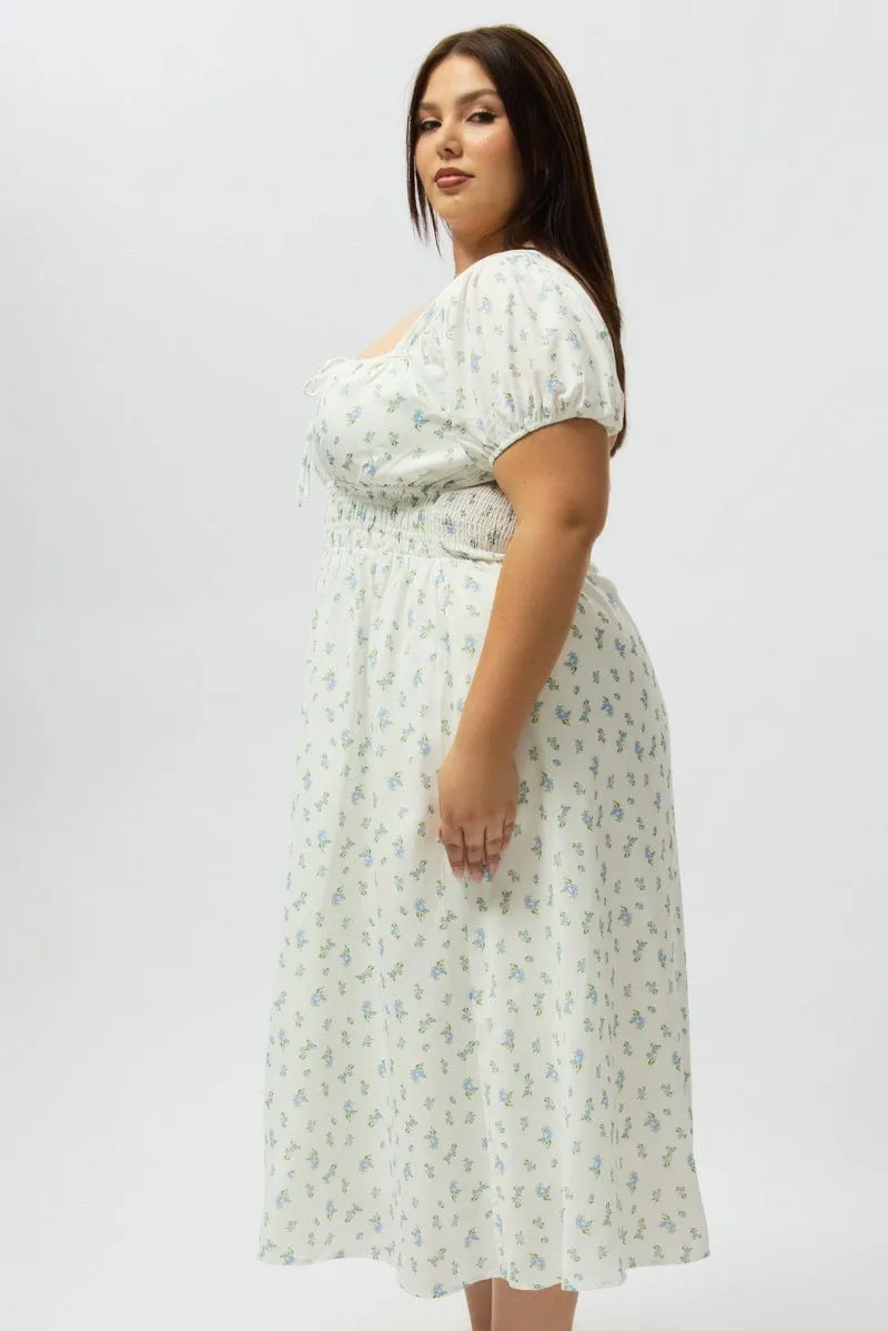 Greek Spirit Alley View Blue Ditsy Midi Dress Short Sleeve Ruched Bust