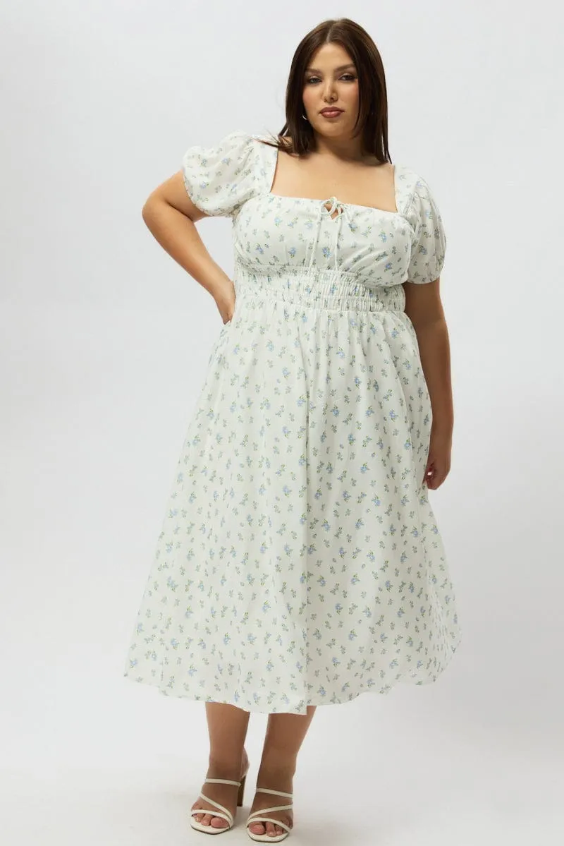 All Season Style Blue Ditsy Midi Dress Short Sleeve Ruched Bust